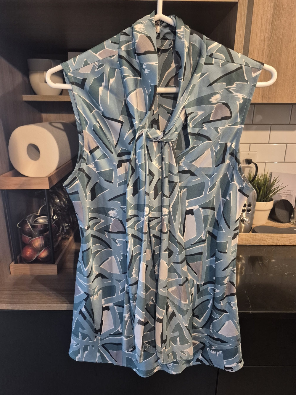 Nine West Abstract Print Tie-Neck Sleeveless Top - Teal & Black